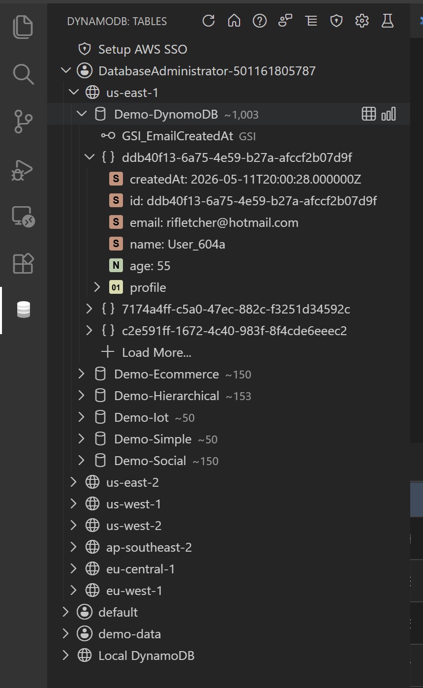 Explorer view showing AWS profile, region, tables, indexes, and record actions