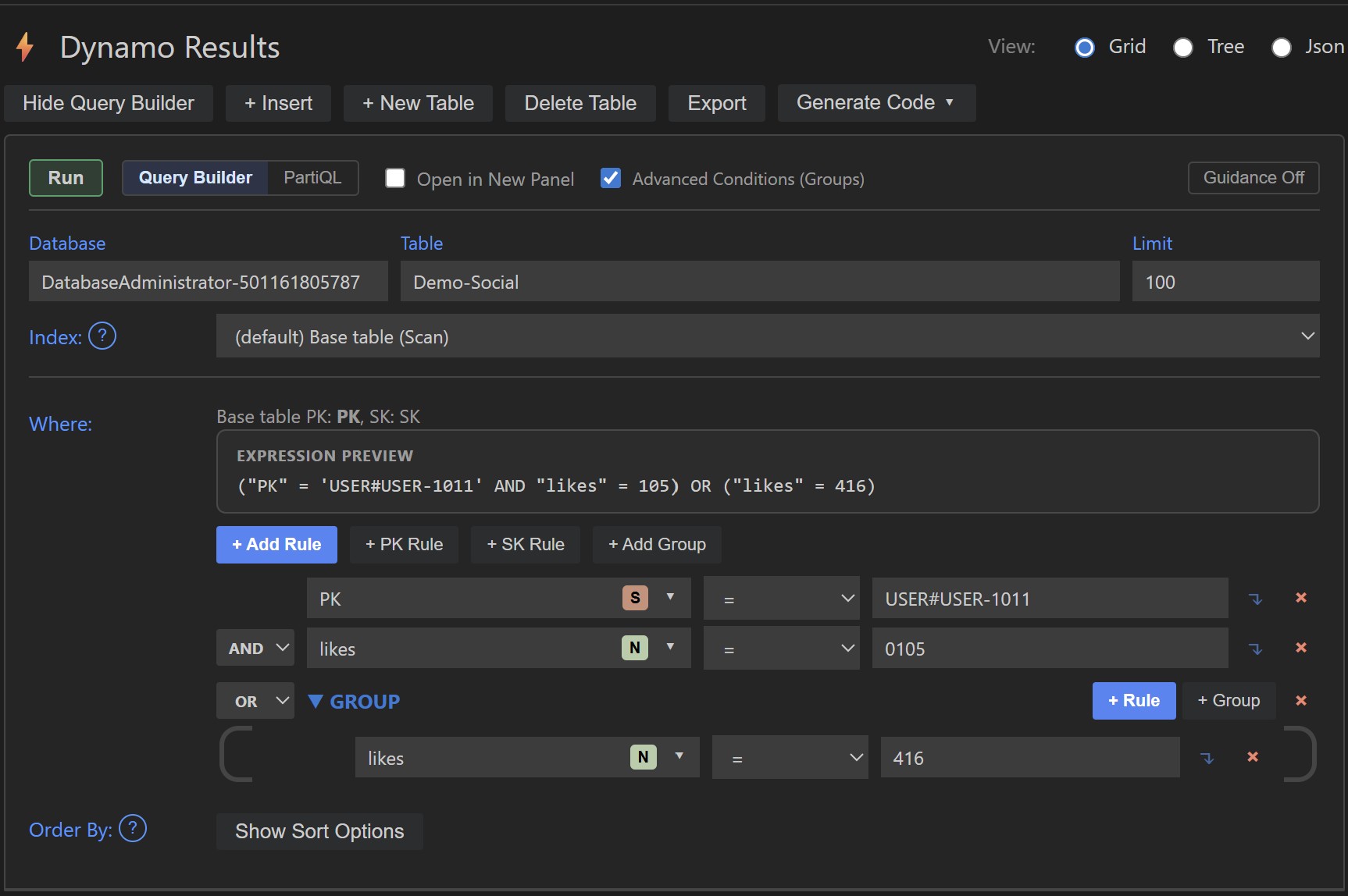 Query Builder with PK rule, SK rule, index selector, and PartiQL toggle